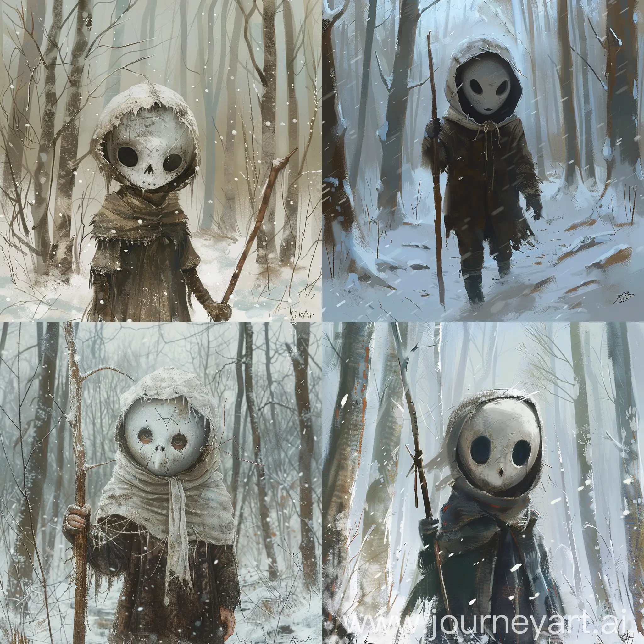 create an image inspired by a ircenrraat child in a wintry forest, the child wearing a white creepy mask and holding a stick