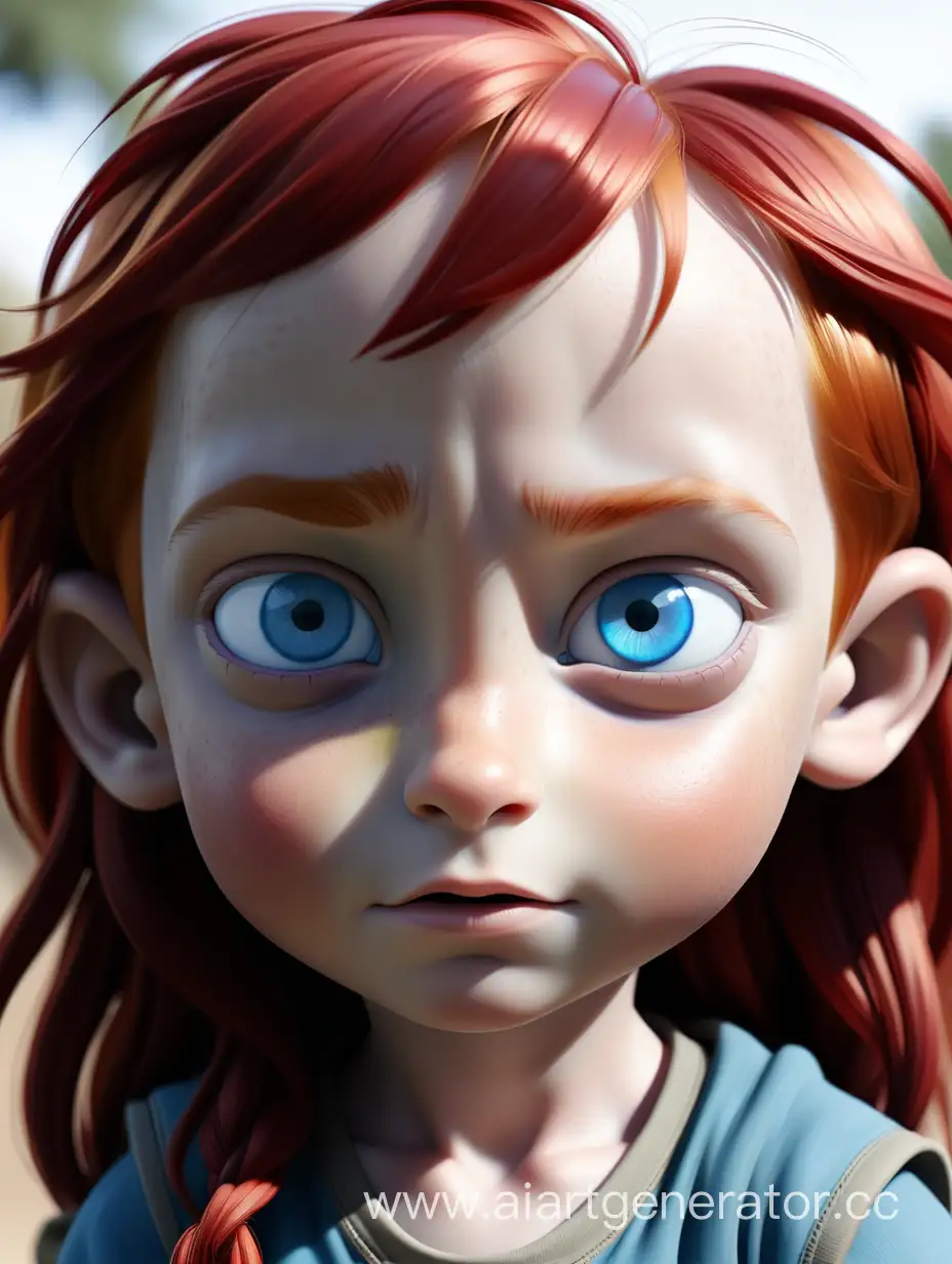 Ребёнок с голубыми глазами и рыжими волосами смотрит вперёд
