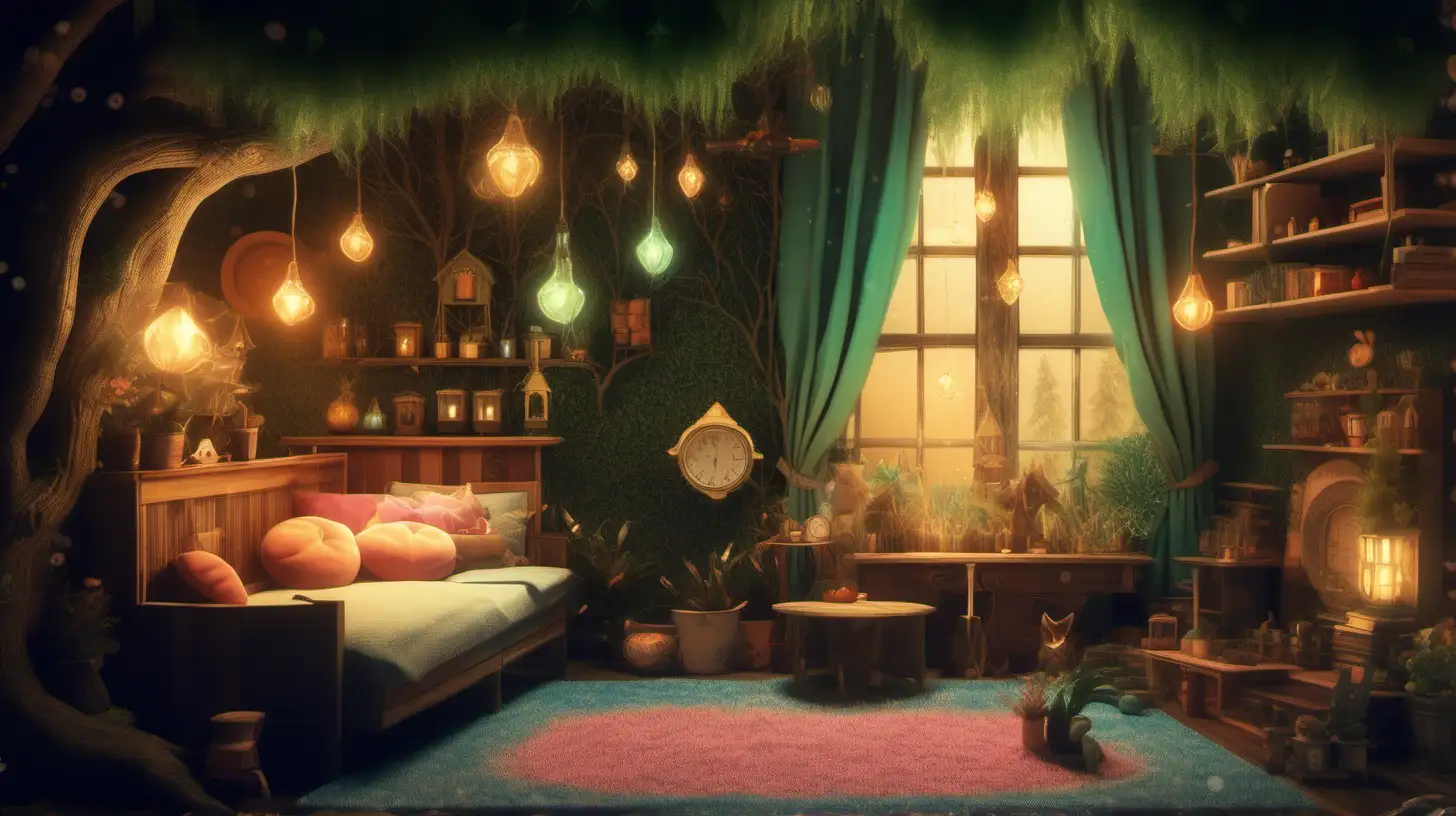the interior of a small cozy in a magical beautiful  enchanted forest