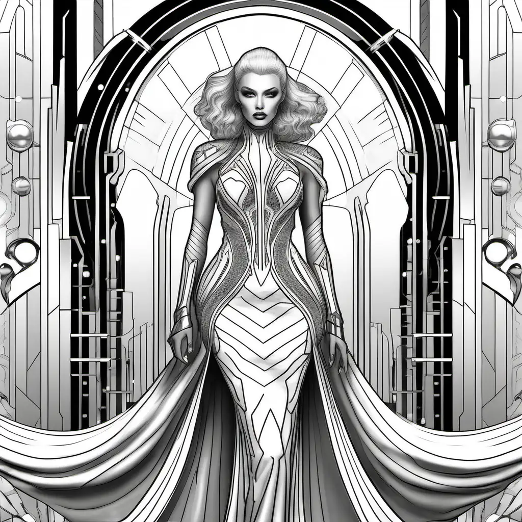 Coloring book image. Black and white. Outline only. Highly detailed. Clean and clear outlines that allow for easy coloring. Ensure the design provides ample space for creativity and coloring. High fashion, high fantasy woman donning a dramatic, ultramodern-inspired transparent gown with metal and latex elements and intricate design, posing in a futuristic setting.