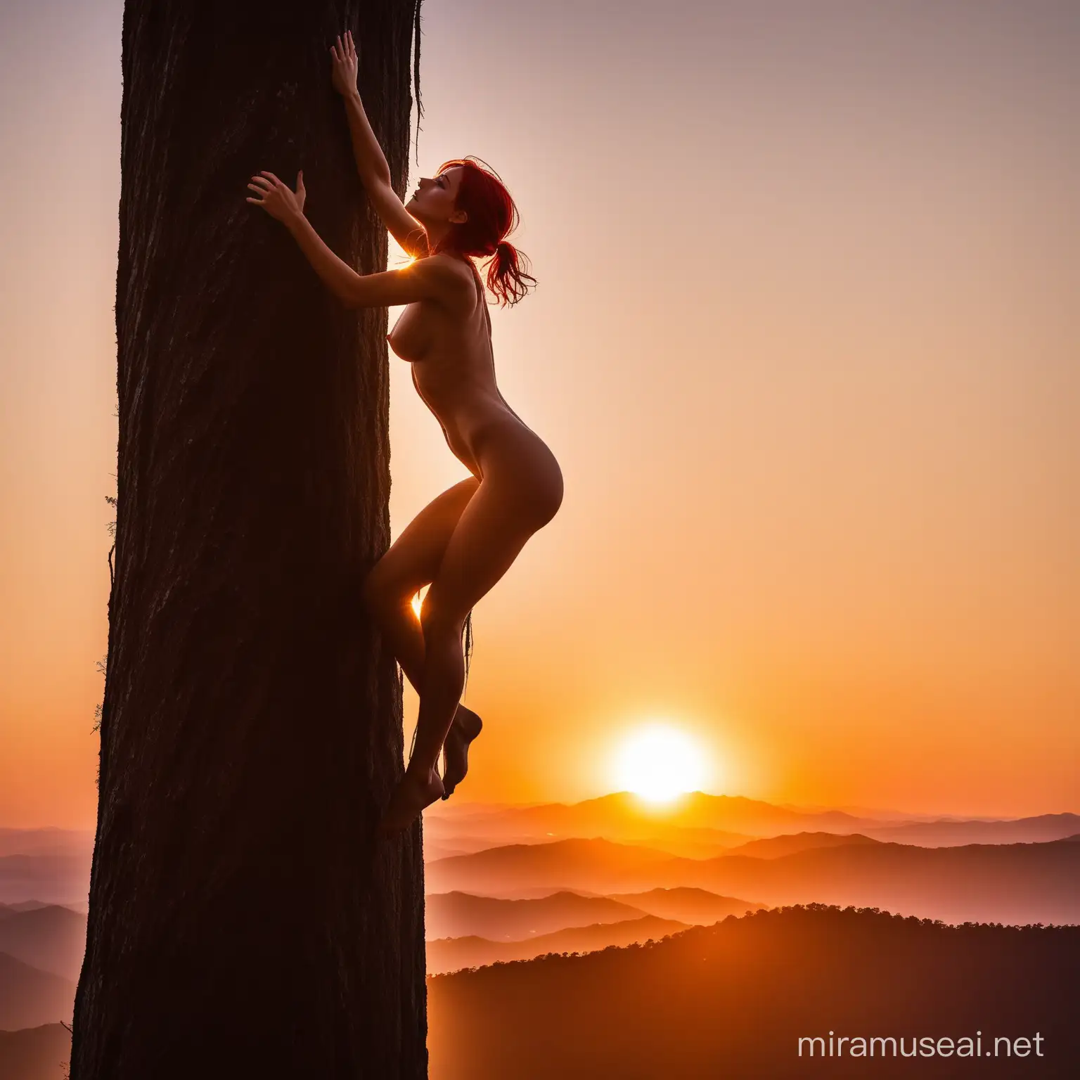 RedHaired Woman Climbing in Natural Landscape at Sunset