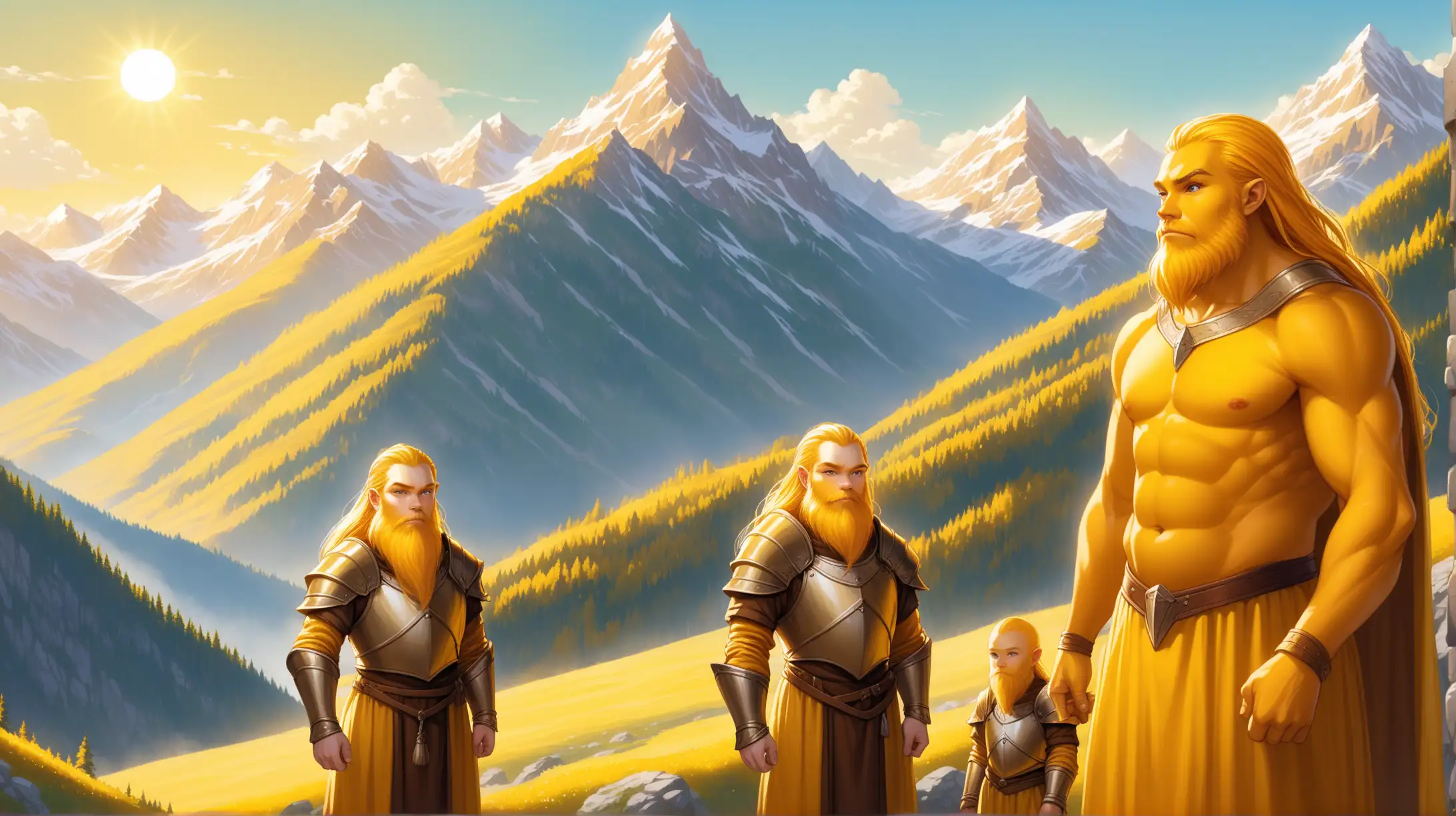 young golden dwarves with yellow skin, golden dwarf men with yellow skin, clean shaved golden women with no beard and yellow skin, sunlit mountain, Medieval fantasy