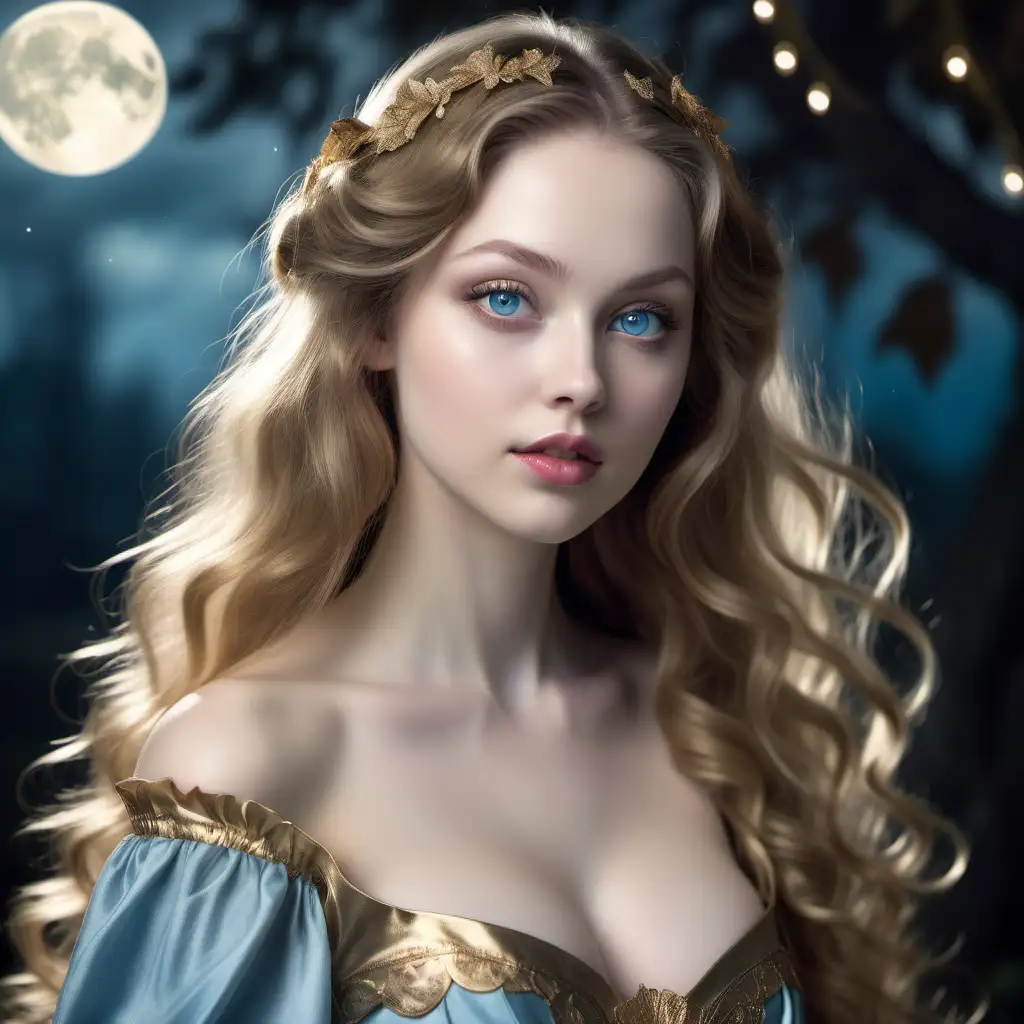 A woman with a perfectly round and long face with pale fair moonlight skin, grey blue eyes, full lips, full breasts, a healthy weight, long wavy golden brown hair. Have her with pointed ears and wearing a Whimsical Fairy Dress