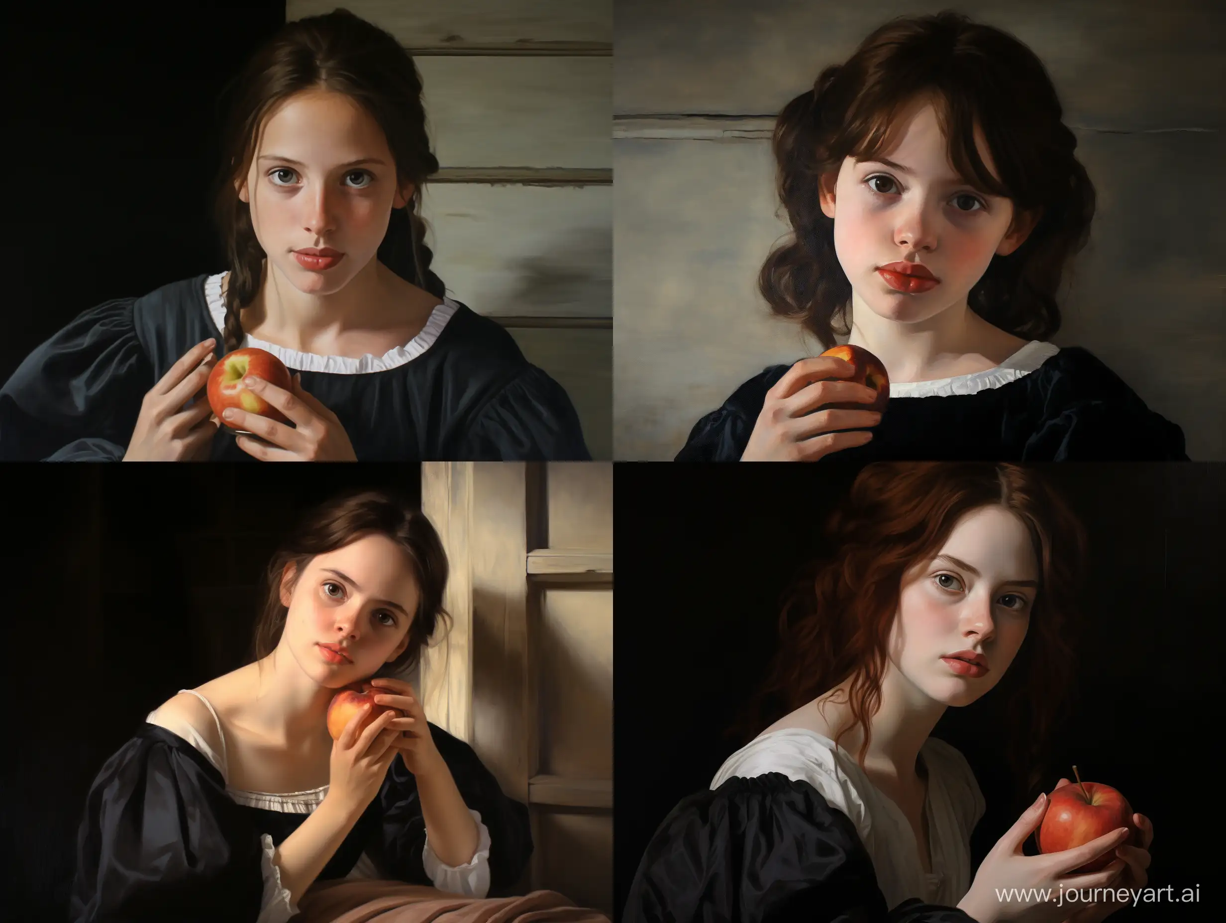full size girl portrait eating apple in realistic style like  Velaskuez oil painting style