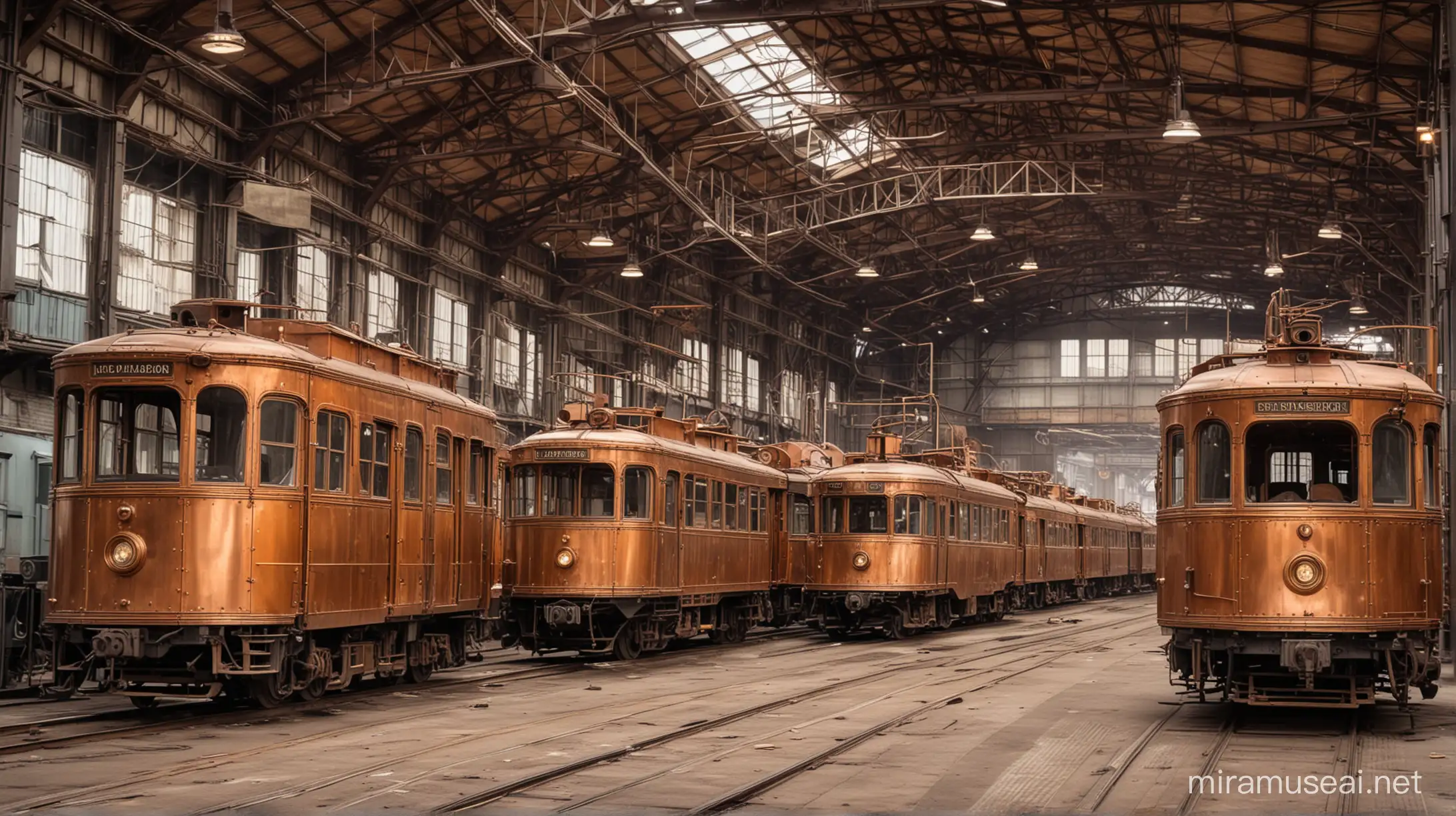 old steampunk tramcar depot. all tramcars are made of copper and brass.