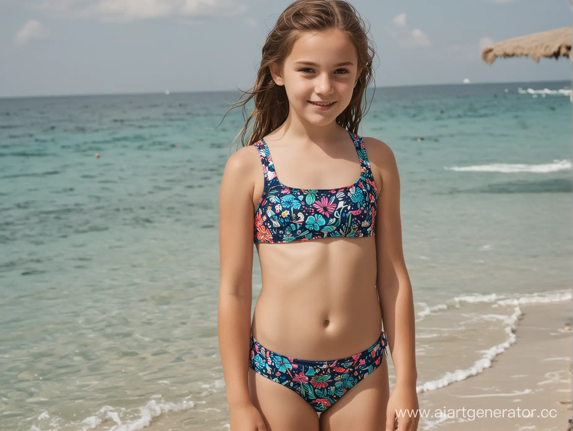 12-year-old girl in a two-piece swimsuit
