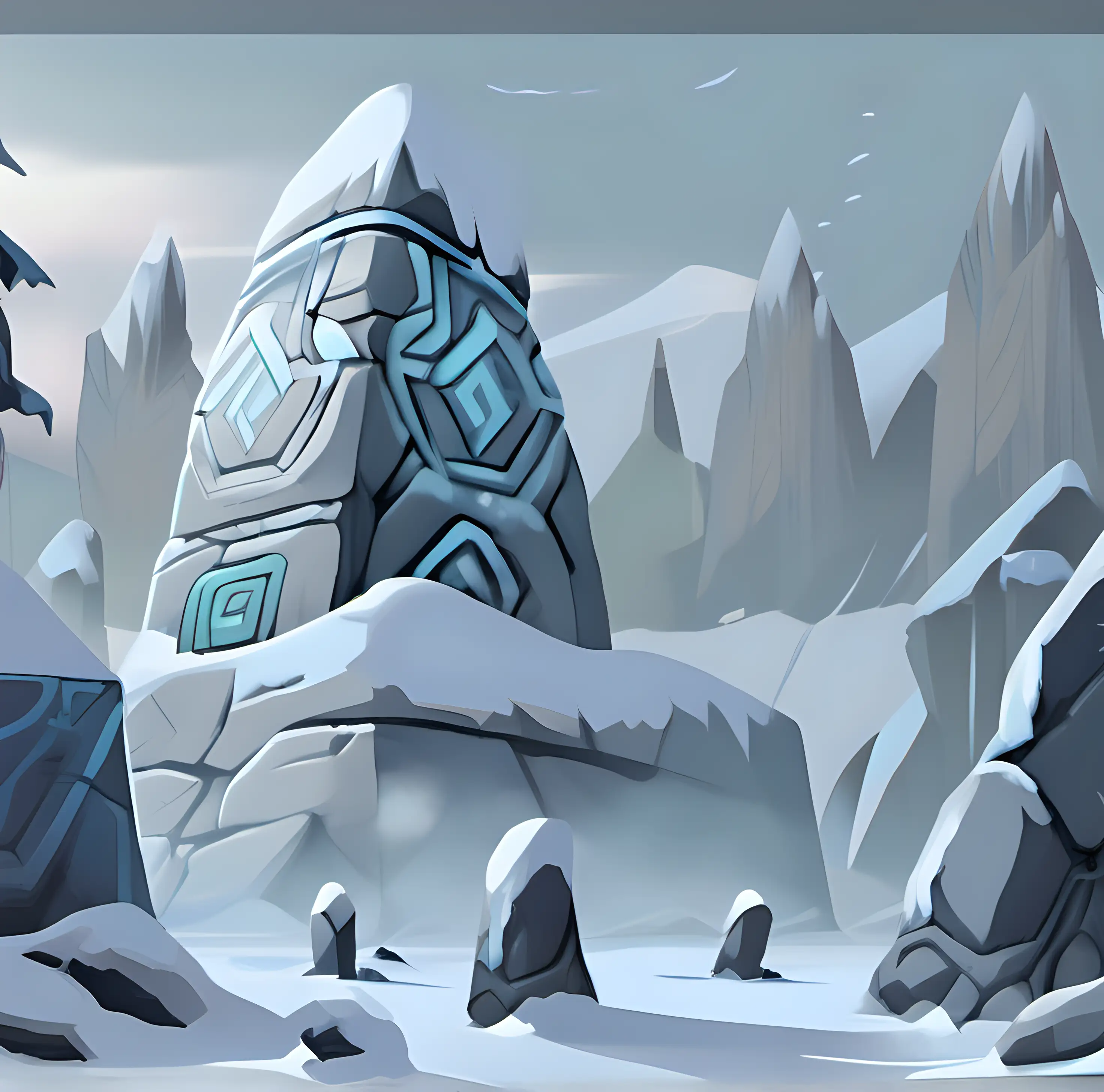 snow covered giant stones set with shamanic symbols, video game design, platform game styleMtG art, front view