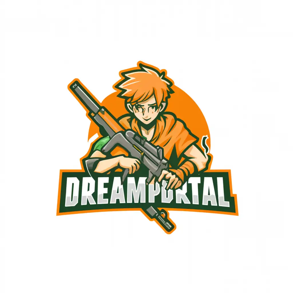 a logo design,with the text "DreamPortal", main symbol:Anime guy, with a sniper rifle, orange, green, and white color,complex,be used in Internet industry,clear background
