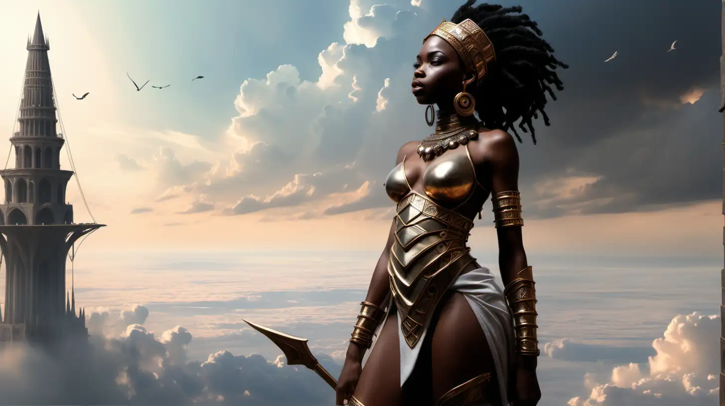Seraphina a young sexy African warrior divine and human standing at the edge of a high tower, overlooking the Ethereal Plane.