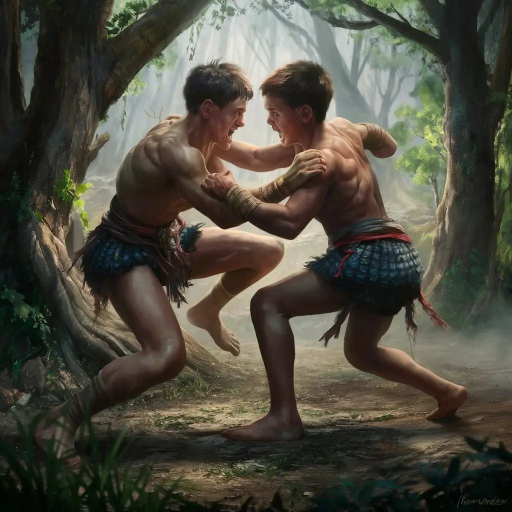 two warrior boys wrestling in the woods 