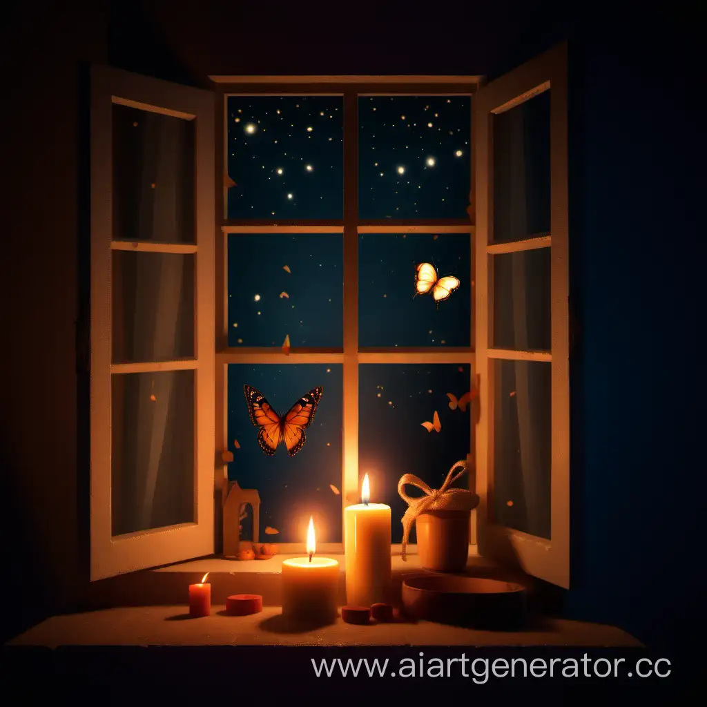 a candle is burning, a butterfly is flying, a window, night