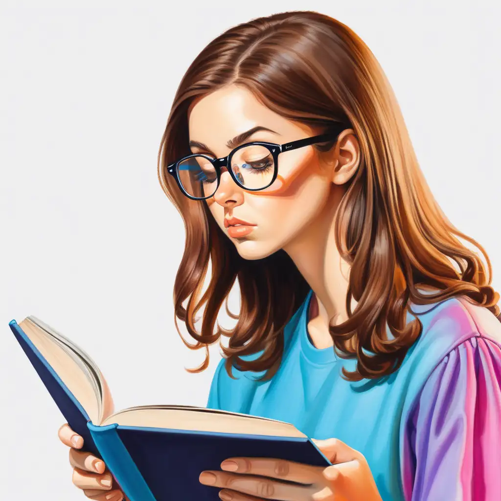 Focused Woman with Brown Hair and Glasses Reading a Book