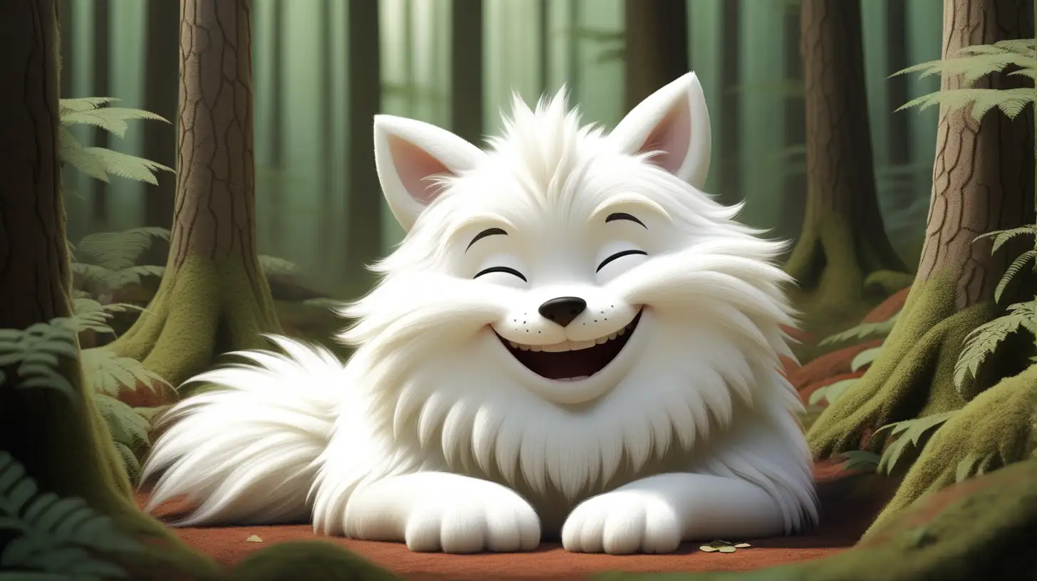 An illustration of Tasho's cozy den deep in the heart of the forest. Tasho, with his pure white fur and a perpetual smile, in his natural habitat.