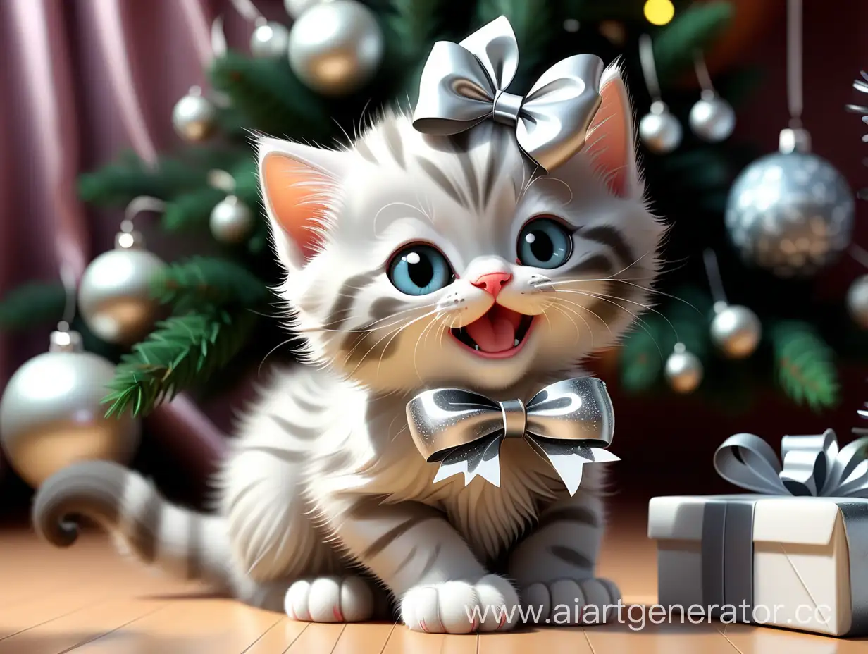 милый котенок с блестящим серебряным бантом, подарок, елка, надпись Happy new year,