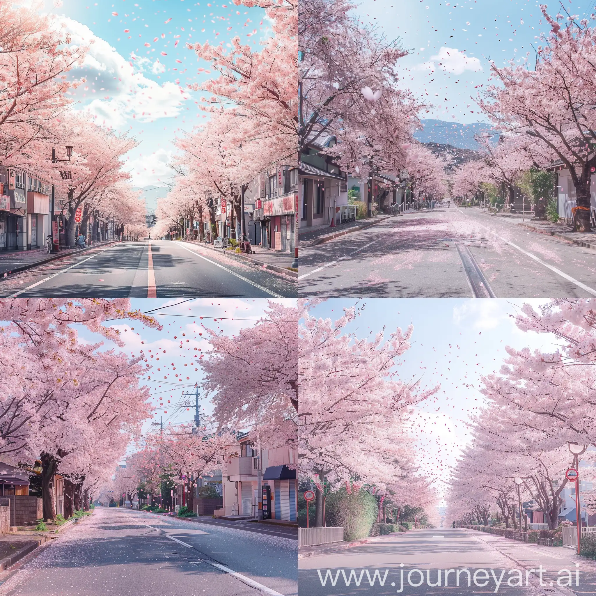 Una calle lleno de árboles de Sakura y sakuras volando