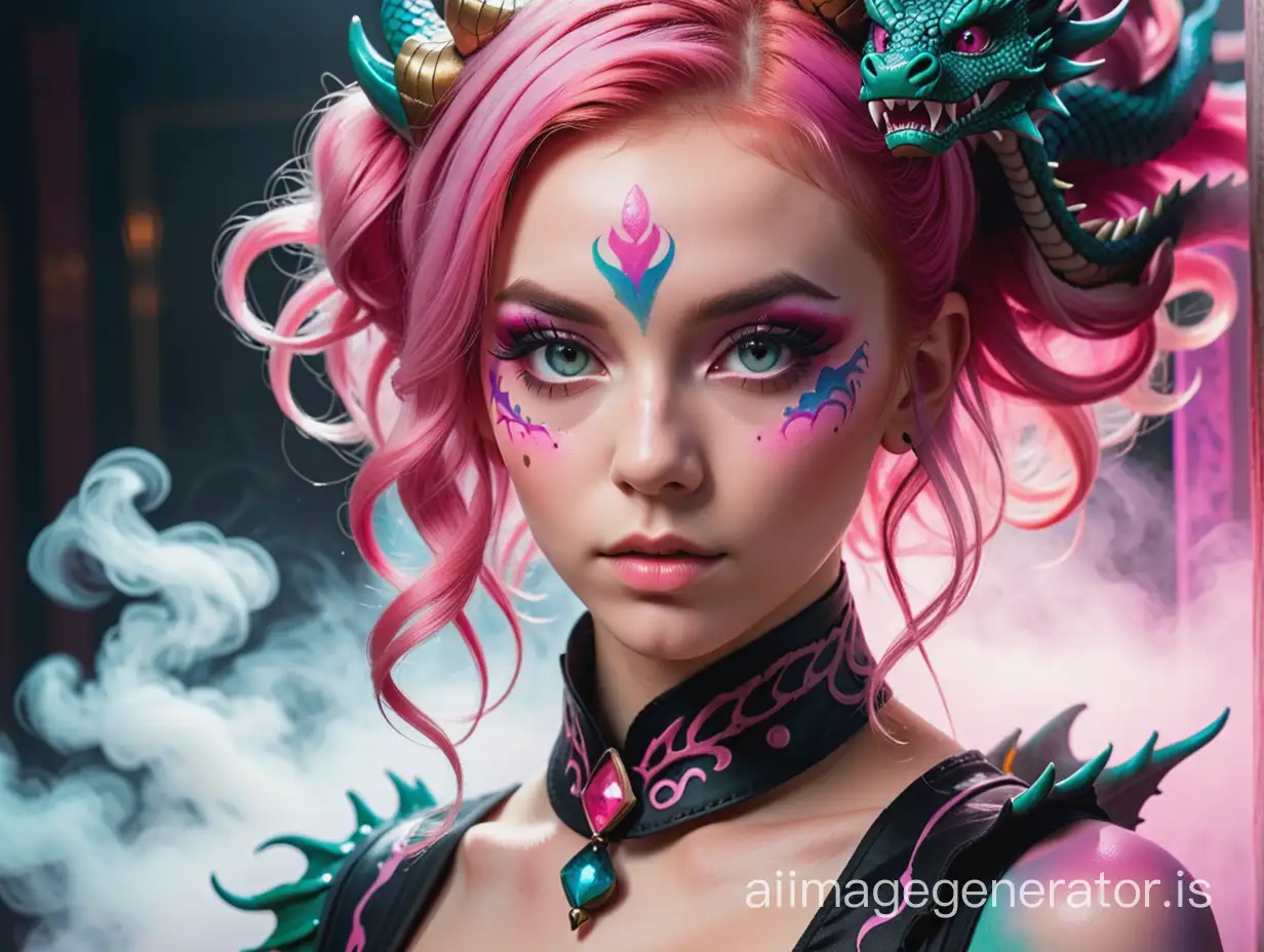 Young woman with the ultimate make up. Heavy makeup, paint on face, dragon figures. Close Up. Pink Hair. Portrait. Rim light, professional photograph. Lots of mist and fog.