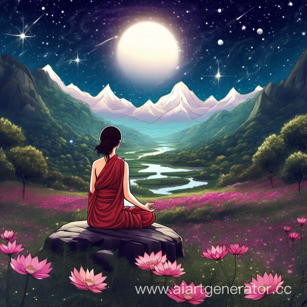 Brunette-Buddhist-Girl-Contemplating-Natures-Cosmic-Dharma