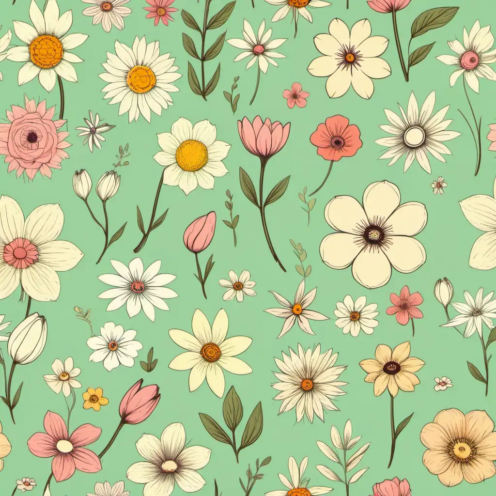 different large spring flowers without stems in a repeating pattern on a light green background