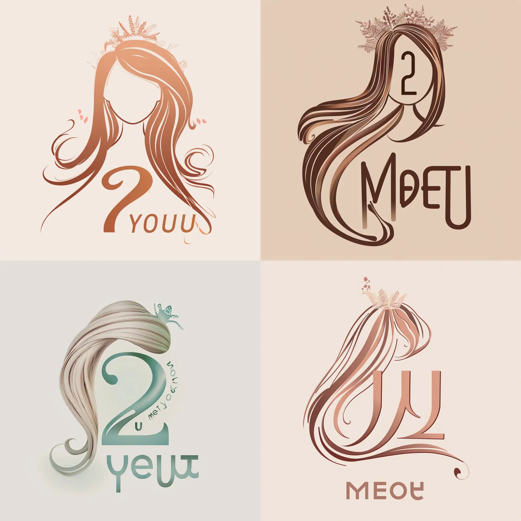 该logo为：头发显像数字2，头发尾部连接着MeetYou中的字母u，头上有一个小花环，字母Meet则在头发的内部，整体颜色为淡色