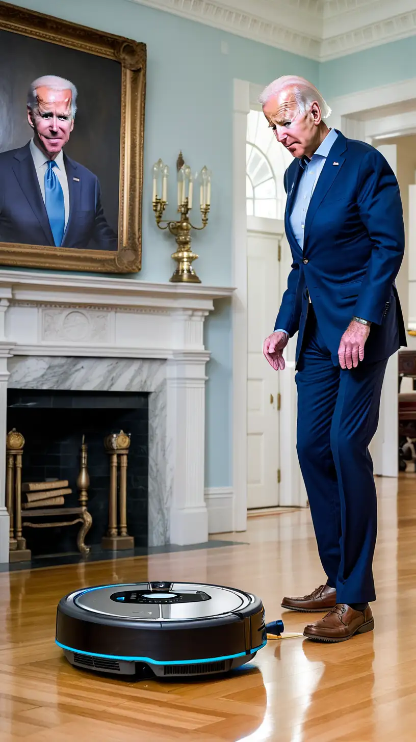 Joe Biden standing on a roomba vacuum that reads robovac force one