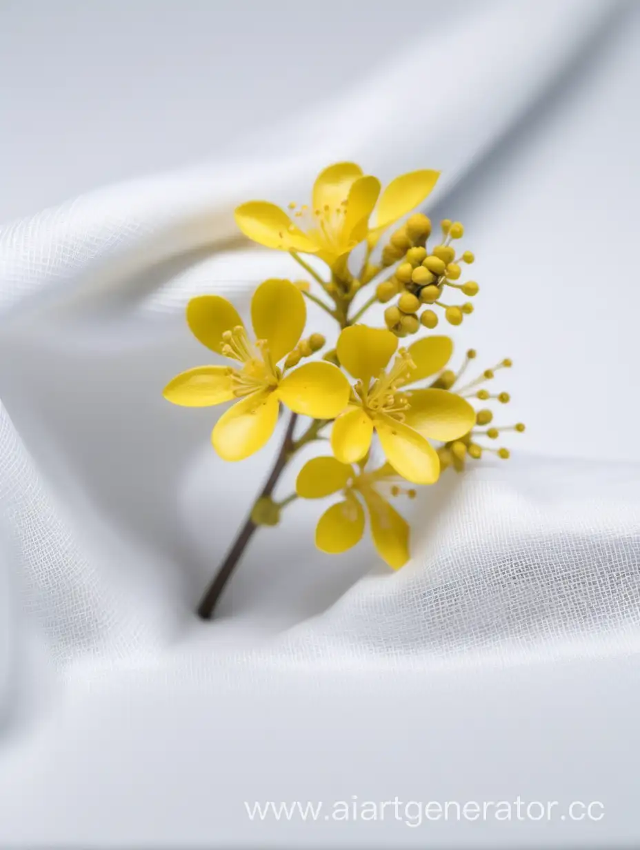 Acacia yellow flower close up 8k laying on white cloth surface background