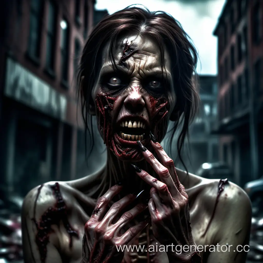  A photorealistic zombie female with long, sharp nails, her decaying flesh contrasting against a dimly lit abandoned cityscape in the background, a haunting and eerie atmosphere, moody dark tones, gritty textures, captured by a Nikon D850 with dramatic lighting effects. hyper-realism, cinematic, high detail, photo detailing, high quality, photorealistic, terrifying, aggressive, bloodlust, sharp fangs, dark atmosphere, realistic, detailed nails, horror, atmospheric lighting, full anatomical. human hands, very clear without flaws with five fingers
