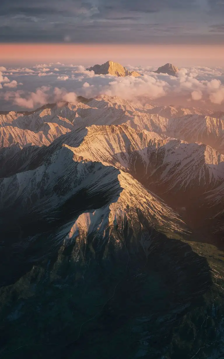 heart of the mountains, panoramic view from above, hyperrealism, golden ratio, golden glow, raw, 8k, UHD, HD Blu-ray, HDR, high resolution, high detail