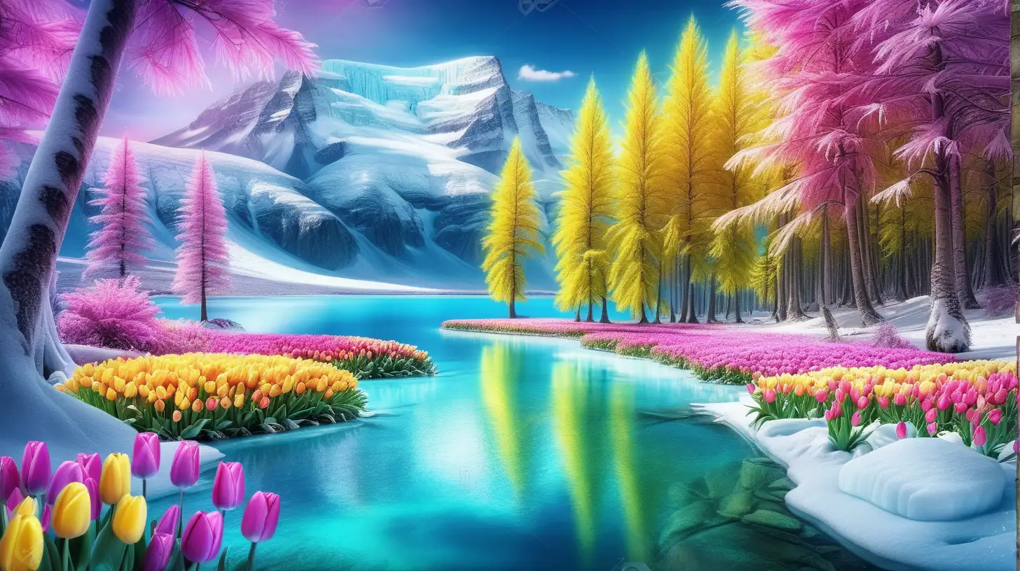 Bright palm leaves and Magical fairytale. Glowing tulips with pink and bright-yellow and Green and Blue. Purple. Bright-yellow. Magical Fairytale trees. bright lake and ice glaciers