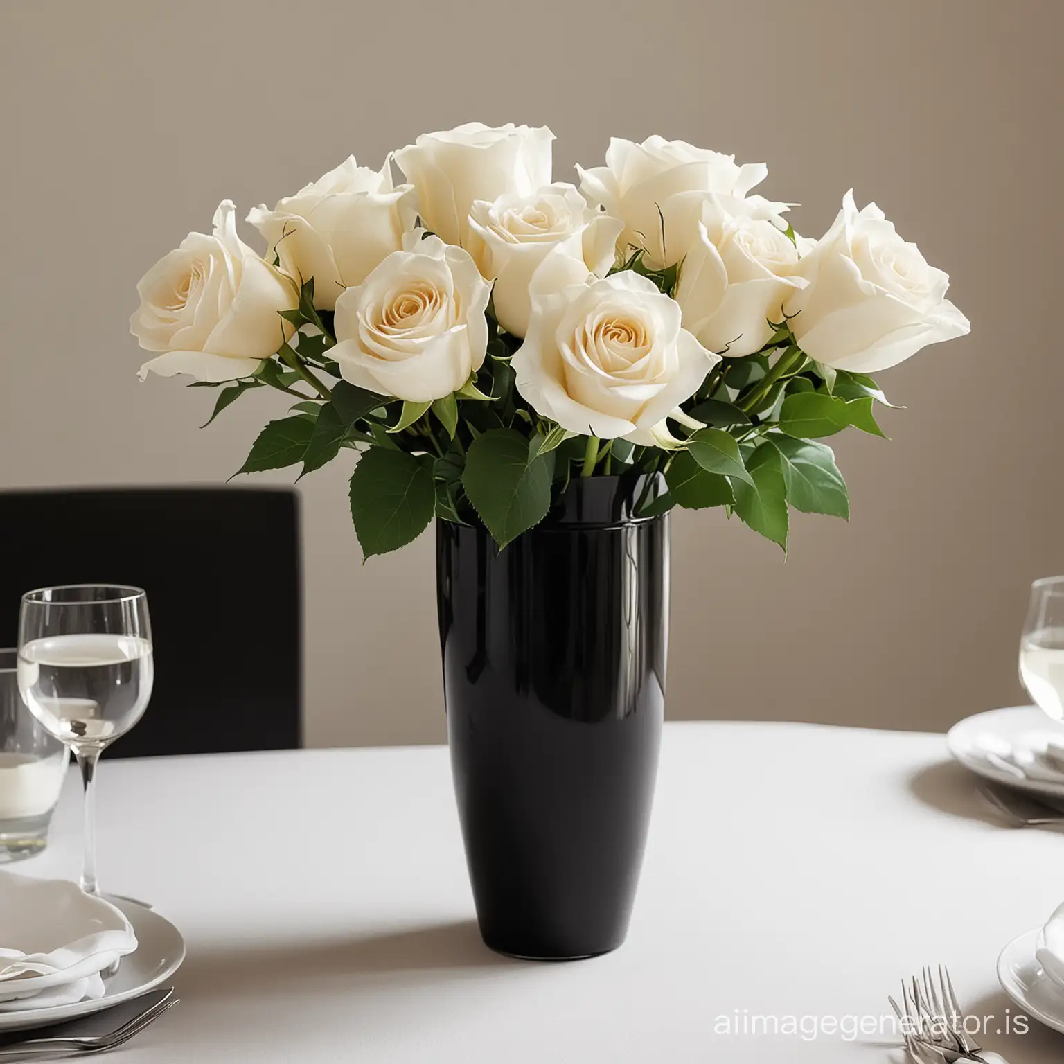 a n elegant and sleek black vase with simple white roses for a minimalist and elegant wedding centerpiece