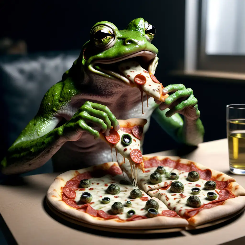 Hyper Realistic Frog Man Enjoying Pizza Feast