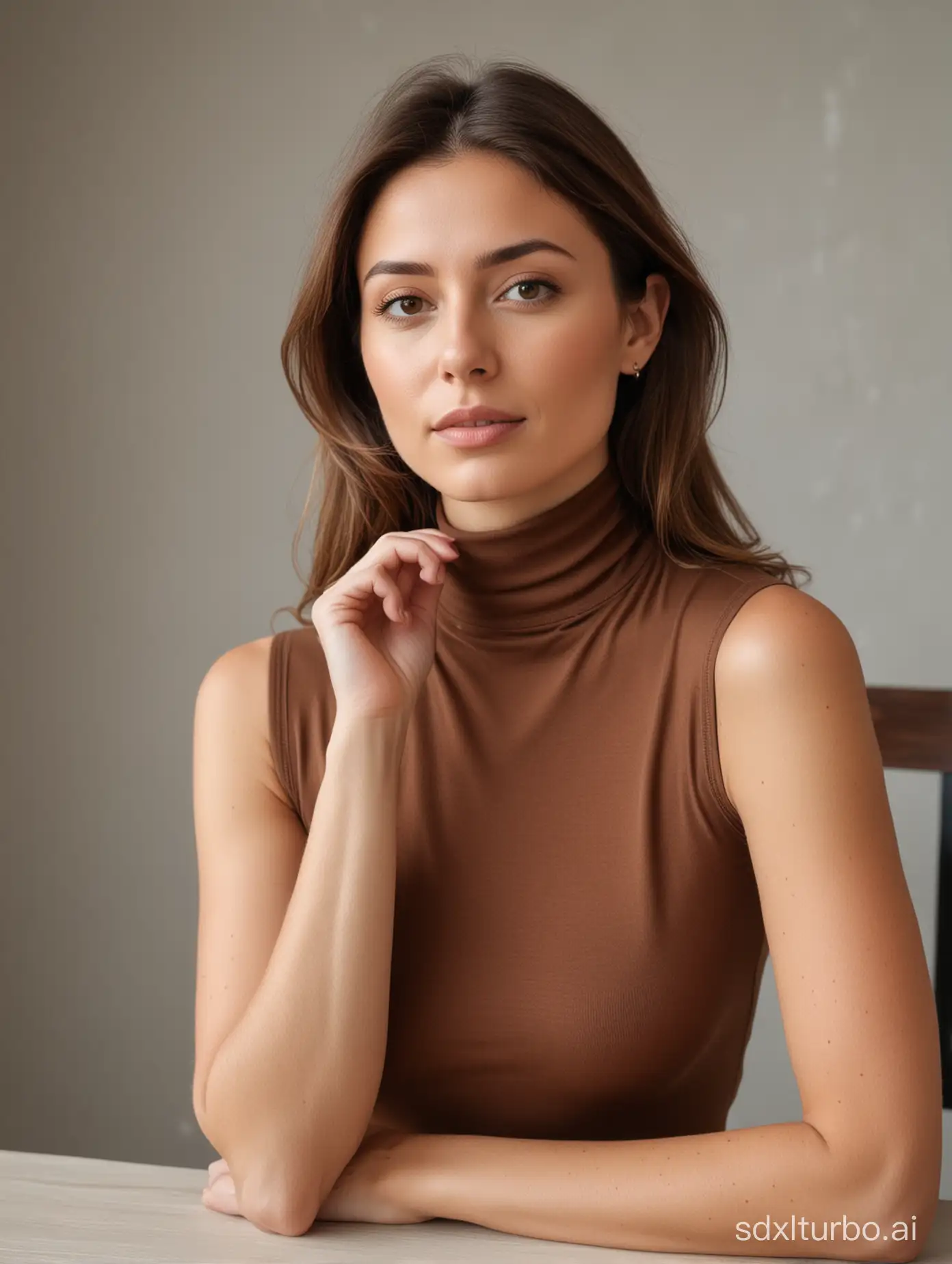 medium brown haired woman, slim, small breast, wearing brown turtleneck sleeveless top, sitting at the table, both hands under chin