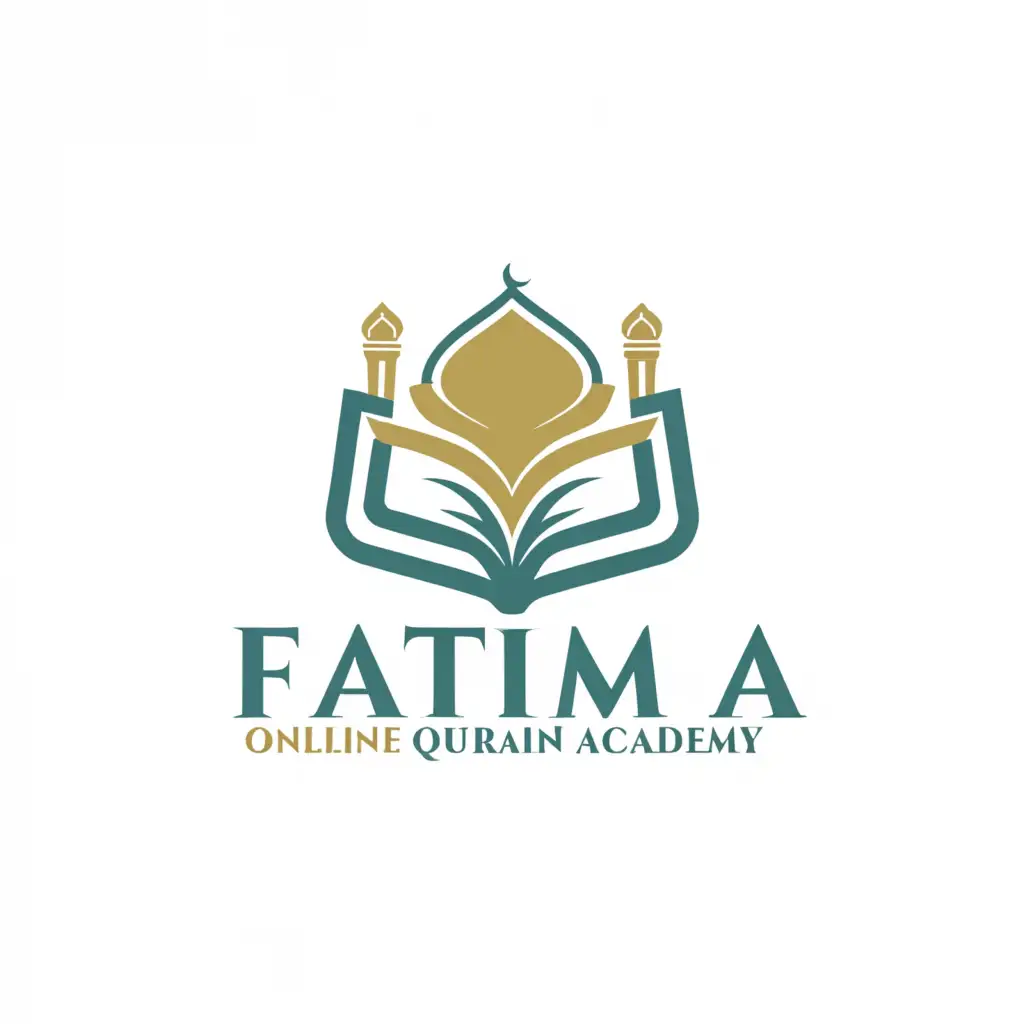 Design a logo for "Fatima Online Quran Academy," a religious education platform. The logo should feature the academy's name prominently alongside a symbolic representation of a mosque and an open Quran. Aim for a moderate and respectful tone that appeals to students, parents, and educators in the religious community. The design should embody trust, knowledge, and reverence while maintaining simplicity for clarity, especially on online platforms. Please use traditional colors associated with religious and educational institutions, such as blues, greens, or earth tones, ensuring the logo stands out against a clear background.