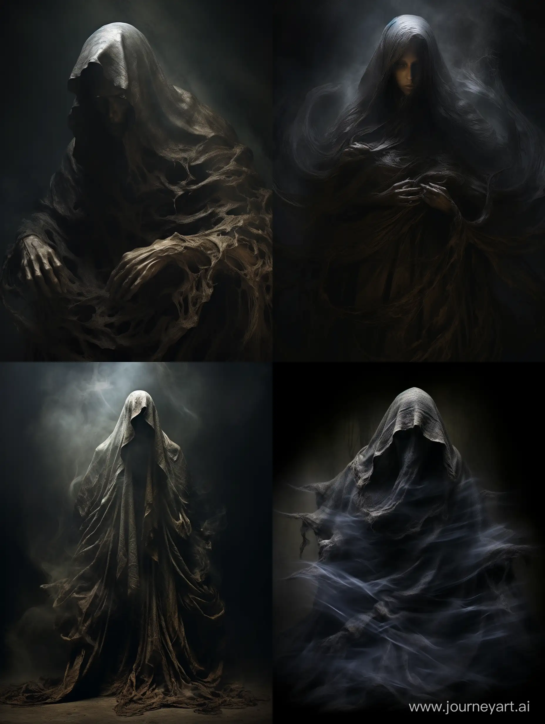 / imagination message: A haunting portrait of a spirit with a dark cloak covering its entire body and face. The atmosphere is haunting and sinister, and the lighting emphasizes the details of the cloak and the spirit's features. The image is of high quality, with intricate detail in the folds of the mantle and the facial features of the spirit. The spirit is shown in the foreground, with the cloak covering its entire body and face, leaving only its eyes visible. The cloak is dark and textured, with intricate patterns that add to the sinister atmosphere of the image. The background is simple, with a neutral color that emphasizes attention to the spirit and its characteristics. The composition is elegant and focuses on the haunting presence of the spirit. The image has a photorealistic quality that allows you to see every detail clearly, making it feel like a real portrait of a dark spirit. It is perfect for those who appreciate the disturbing and sinister quality of supernatural beings. --ar 3:4