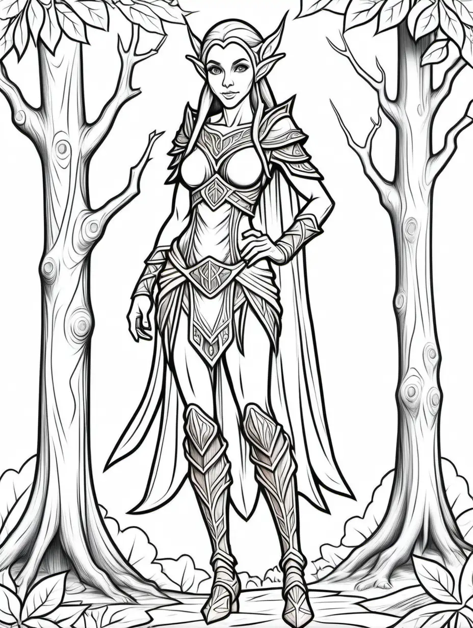 coloring page for kids, wood elf female full body, thick lines, low detail, no shading