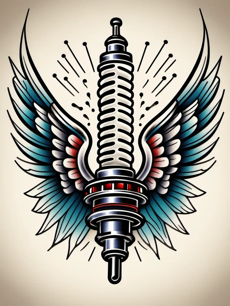 Winged Spark Plug Traditional Tattoo Design on White Background