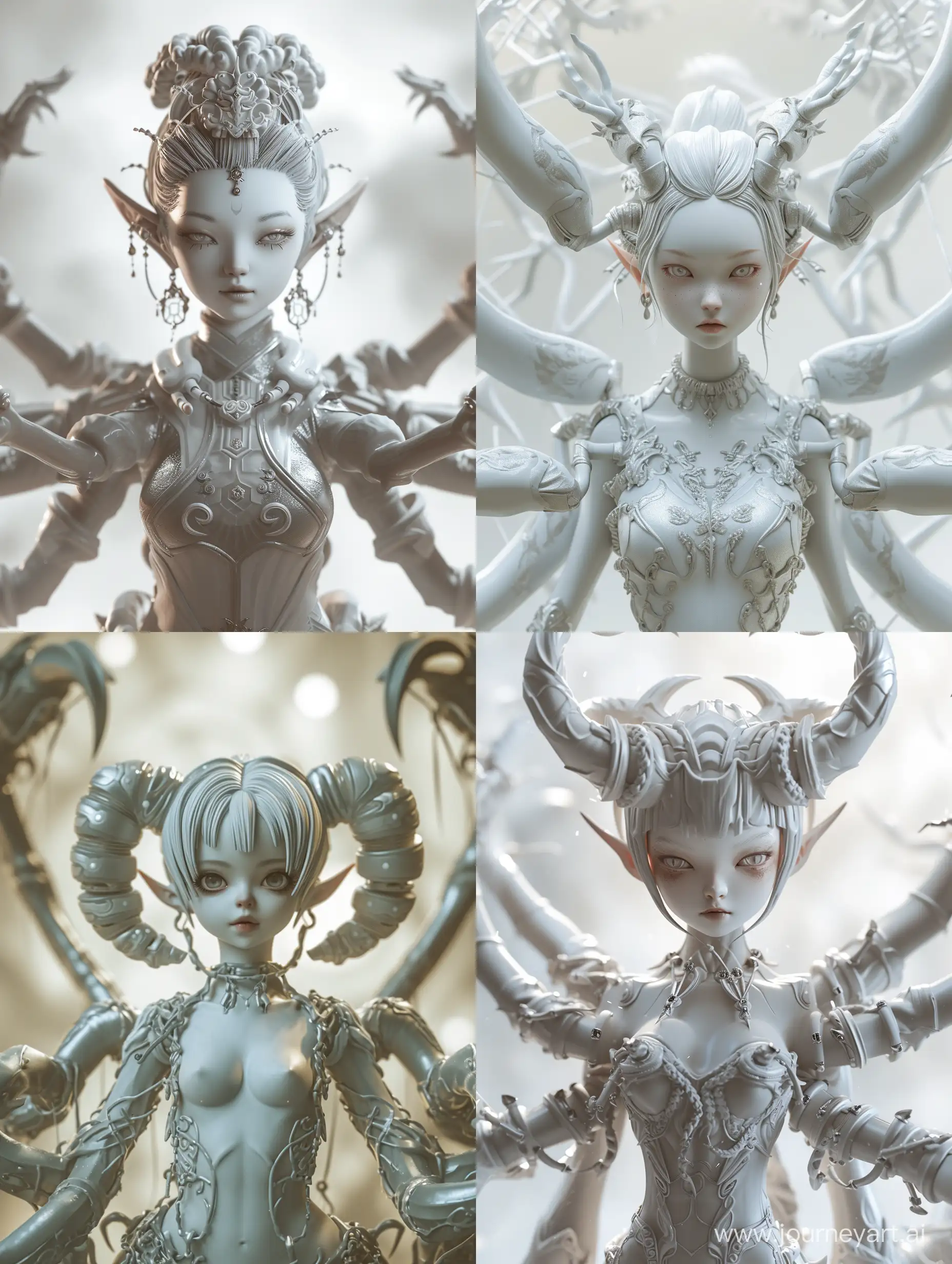 beautiful demon girl with multiple arms, detailed figurine, symmetrical face, flirtatious, painted by Hayao Miyazaki, Jesper Ejsing, Luis Royo, Frank Frazetta, sakimichan, unreal engine, 4kbalenciaga, dingyun zhang, yeezy, editorial, fashion, magazine shoot, maximalist, cinematic, volumetric lights, romantic, epic composition, wide angle, silver and white color scheme, sharp focus, clear, detailed, off white, fine details, realistic shaded, fine-face, glamourous, symmetrical face, glossy(foggy background, epic realistic, rutkowski, hdr, intricate details, hyperdetailed, cinematic, rim light, muted colors:1.2)