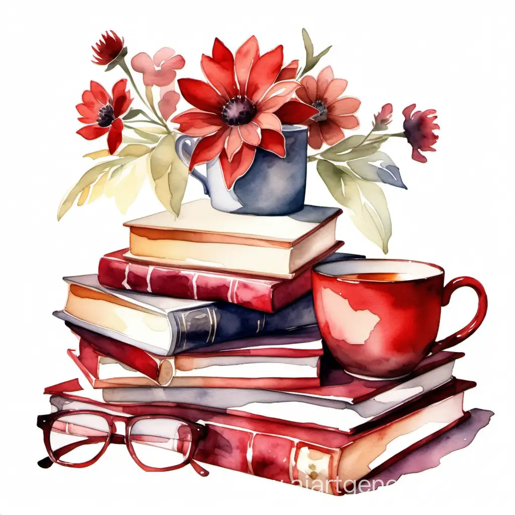 stack of books with flowers on top, glasses and a mug of tea in shades of red on a white background in watercolor