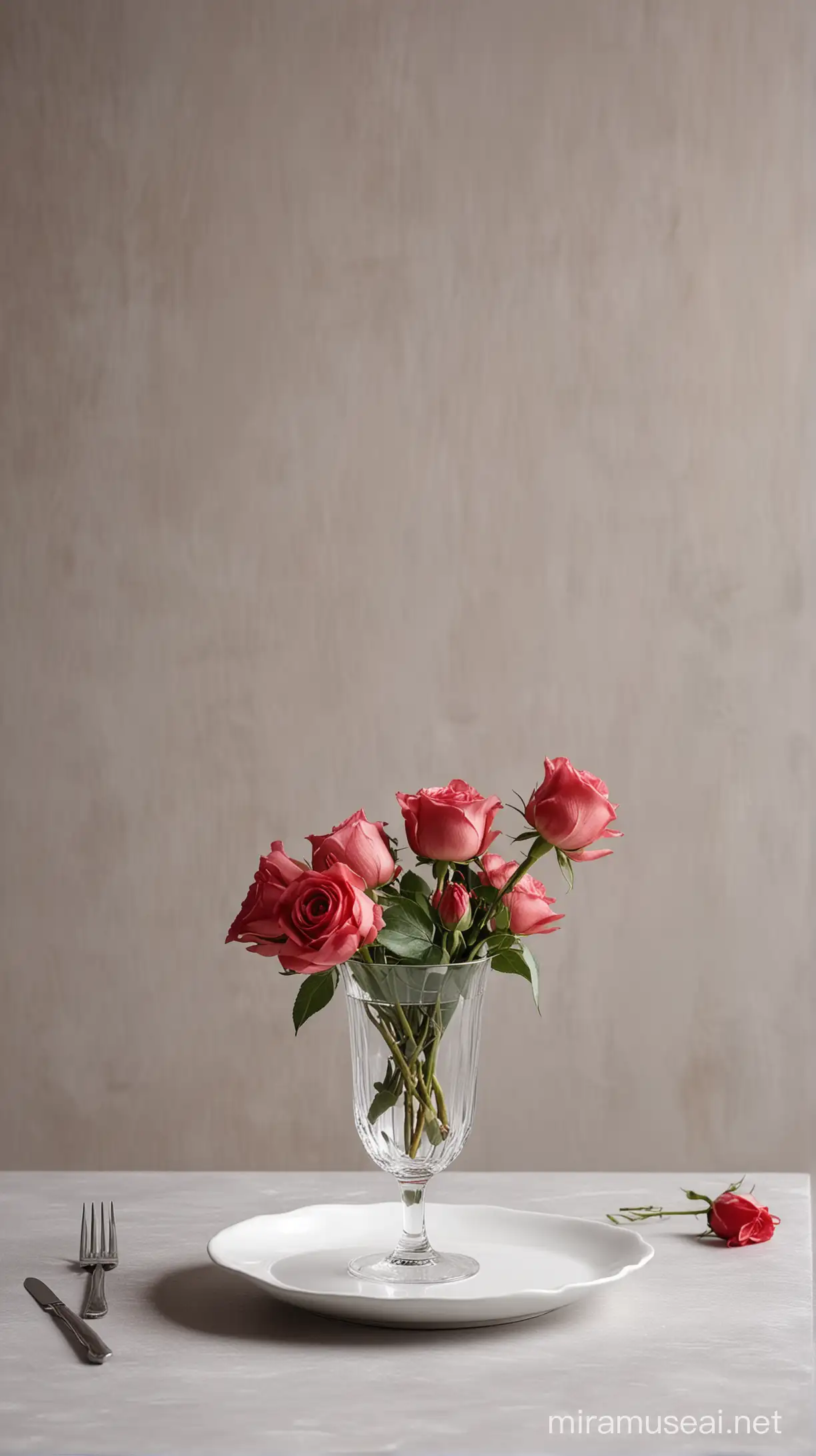 a glass of red wine on the table, an empty white plate on the table, delicate roses in a vase on the table, light background, minimalist style, close-up