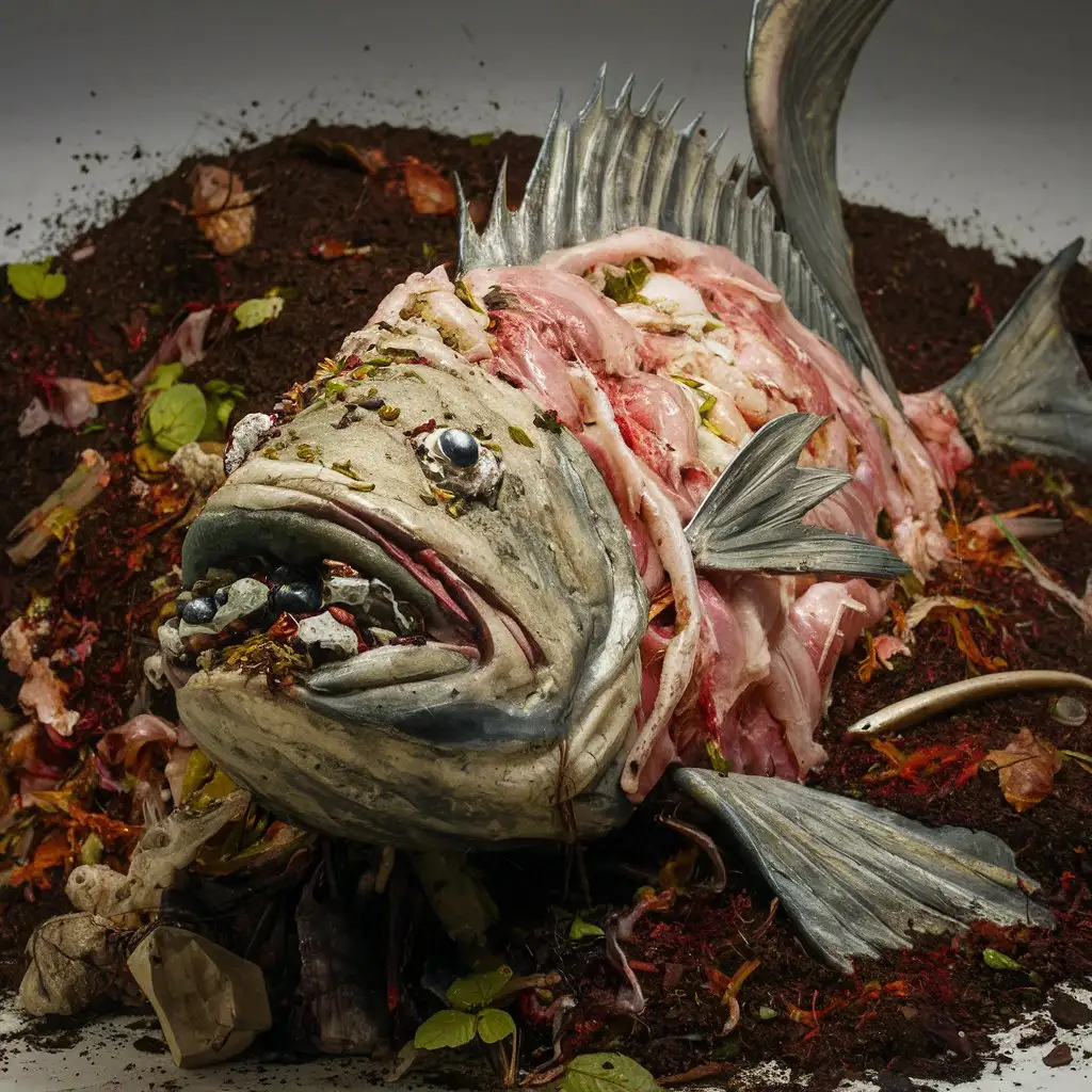 A sculpture of a fish made out of fish guts and fish bones, dirt, leaves and other scraps,