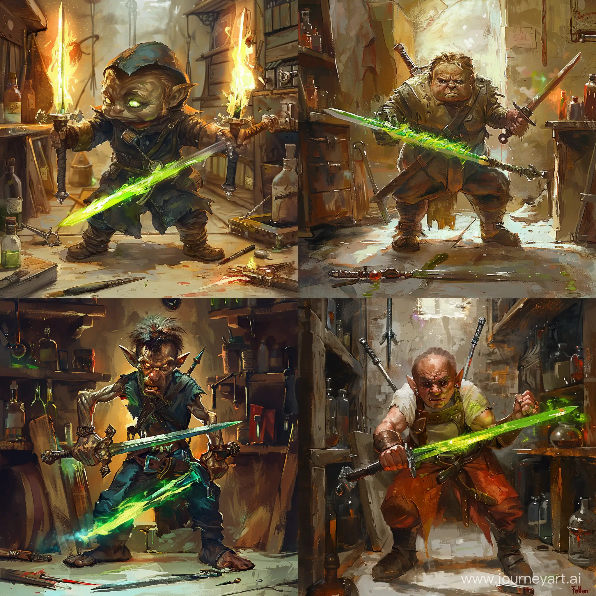 Elden-Ringinspired-Fantasy-Art-Alchemist-with-Dual-Swords-and-Green-Flame-Blade-in-Workshop