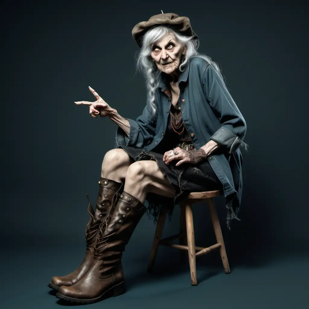 full body shot old hag wearing boots  sitting point her finger semi realistic
