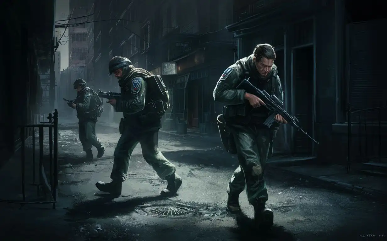 the last of us, two FEDRA soldiers patroling the streets of Boston QZ, using Kristian Llamas style
