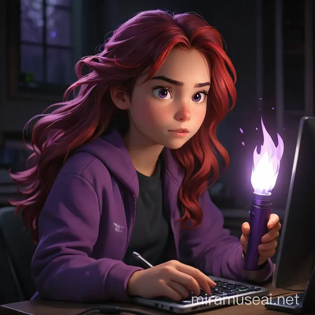 A girl sits in the dark and shines a pocket torch on a switched off computer, the girl has two shades of hair - red and purple