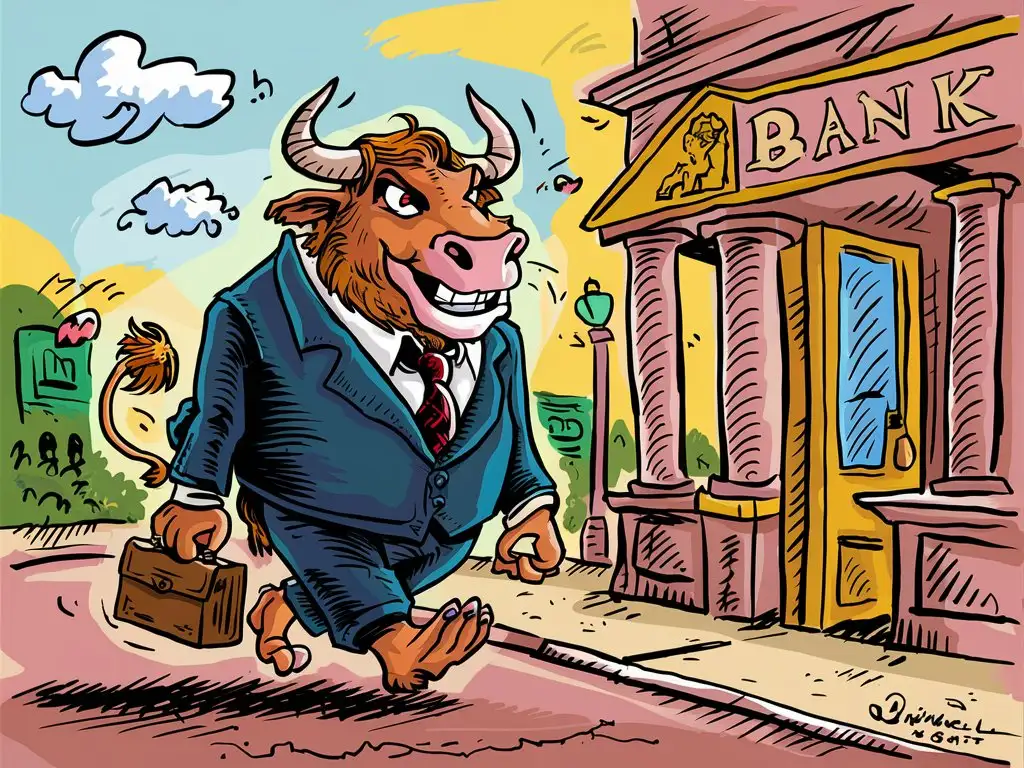 A cartoon of a bull crossed with a lion, dressed in a suit going to the bank. The cartoon is in the style of "Jim'll Paint It".