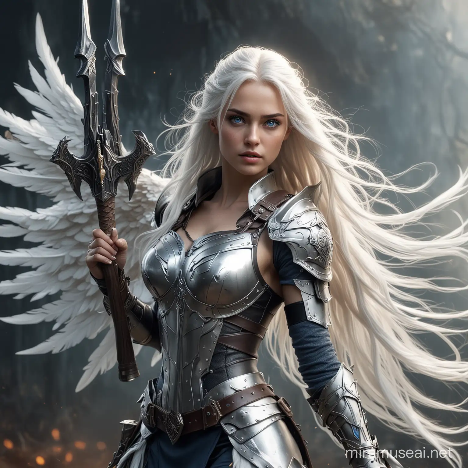 Realistic 4k picture, high quanlity, valkyrie warrior, beauty face, long white hair, blue eyes, full body, weapon in hands, fairy wings