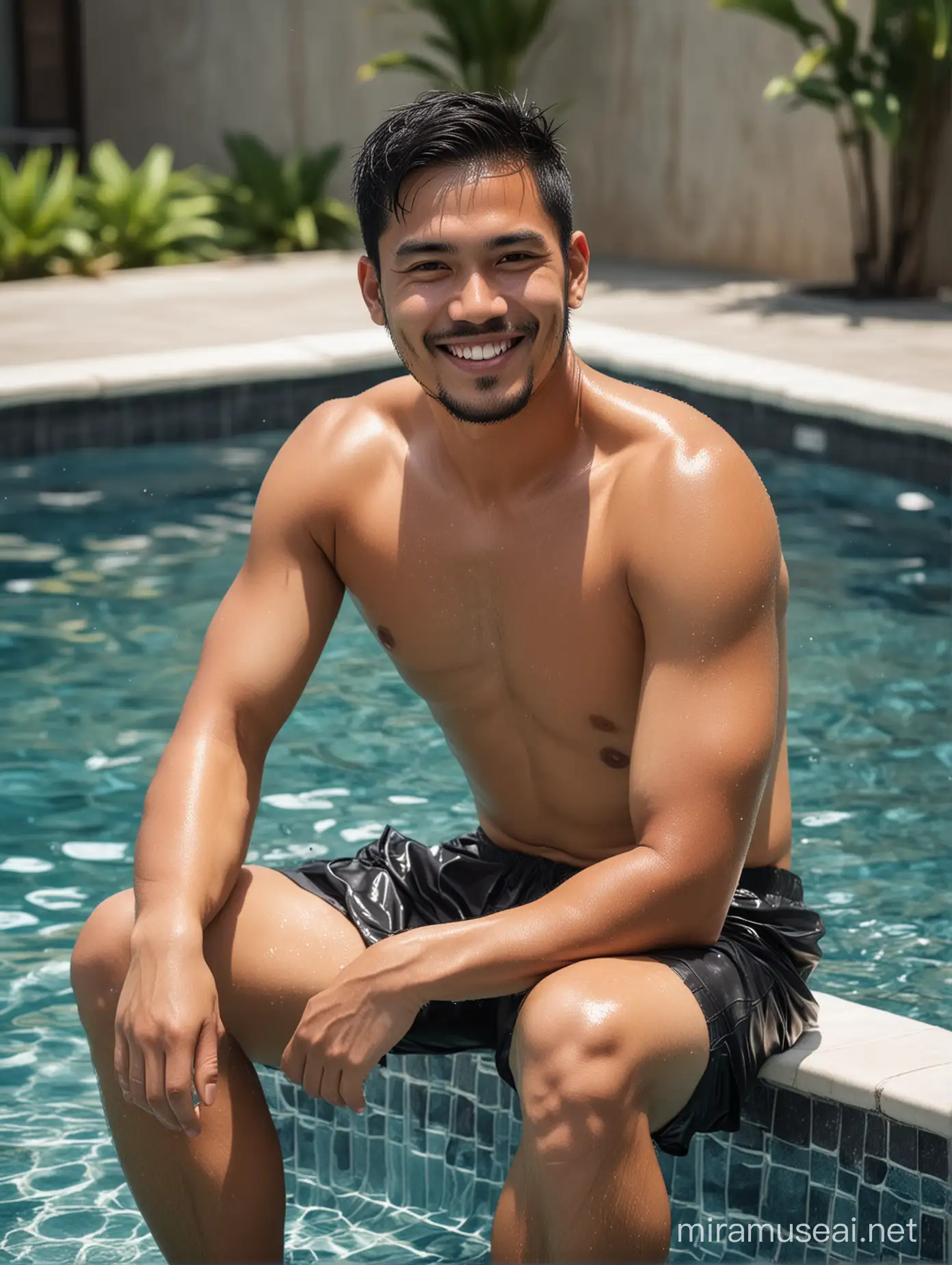 Smiling Indonesian Man Relaxing by Clear Swimming Pool