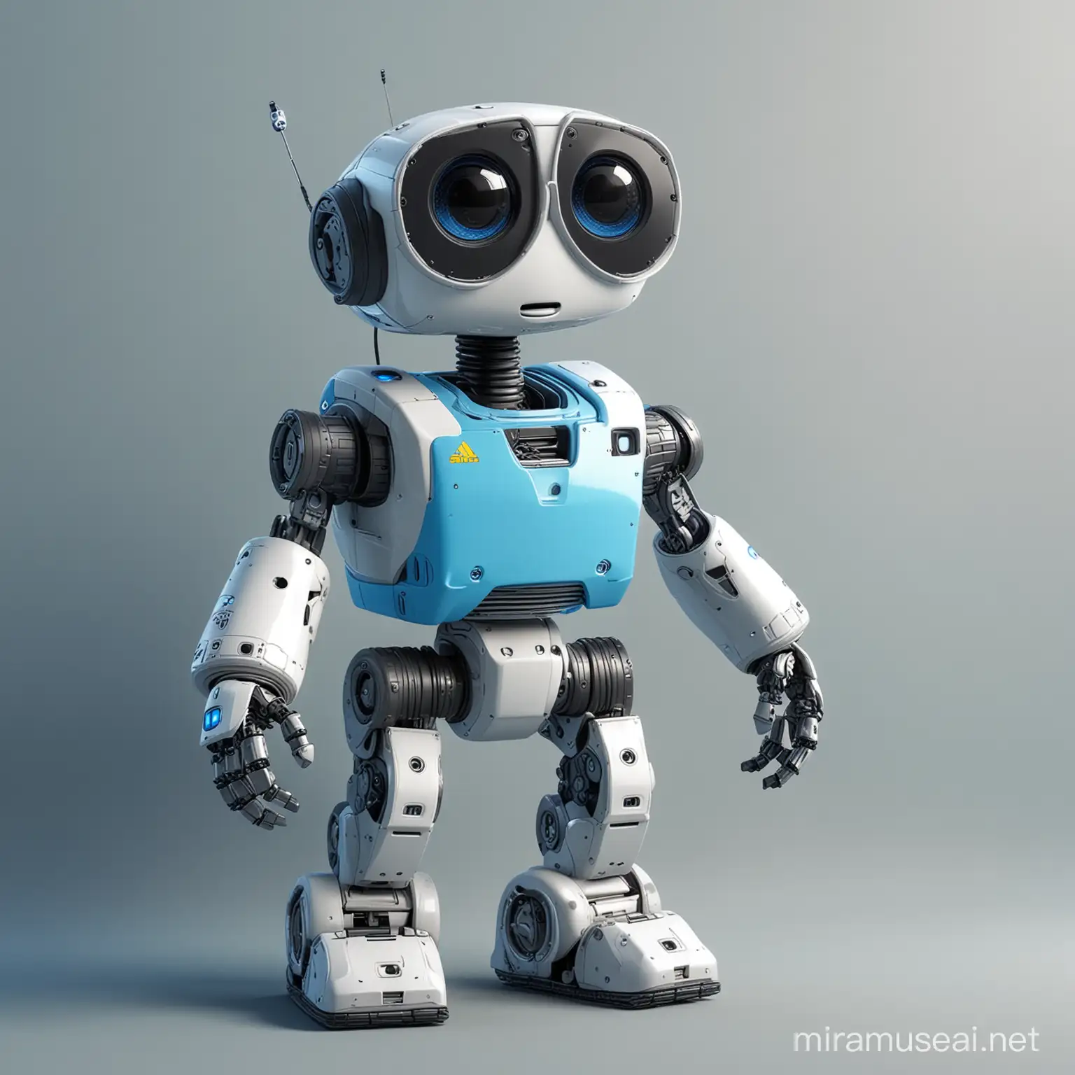 3d realistic Digital mascot similar like Eva robot in Wall-e movie. use accent sky blue tone for highlights