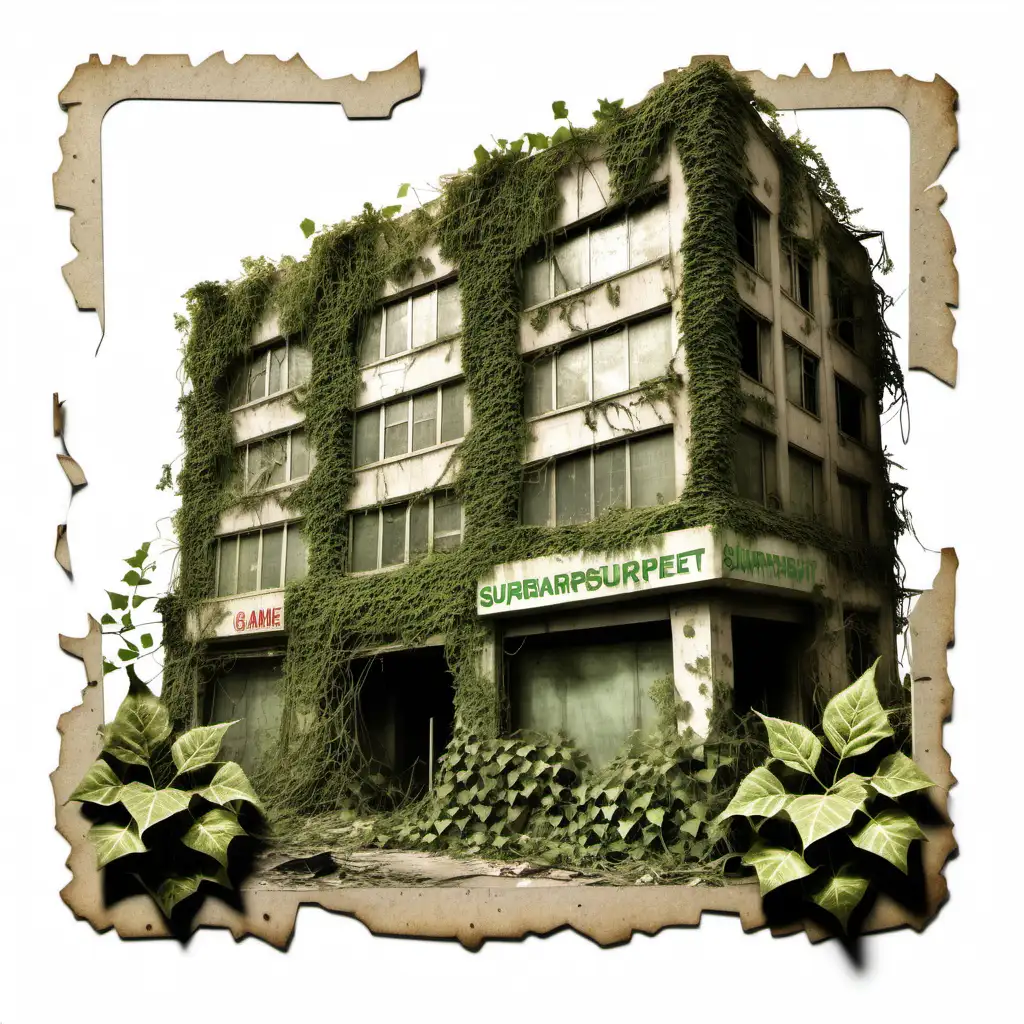 A card for a game with a faded picture of a post-apocalyptic supermarket overgrown with vines and ivy. Weathered paper, edges slightly frayed and torn. White background.