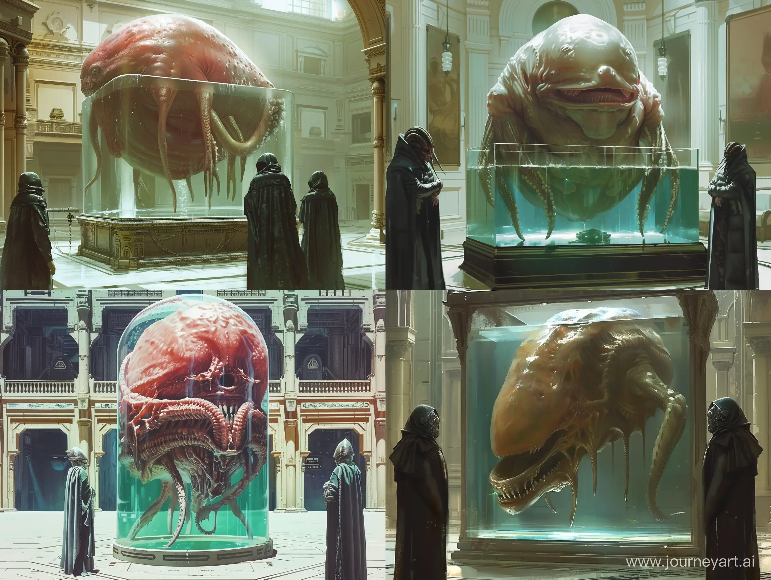 a large fleshy aquatic alien with tentacles floating in a tank of clear liquid painted by H.R. Giger. in sci-fi palace setting. flanked by two smaller cloaked humanoid guards. retro science fiction art style. in color.
