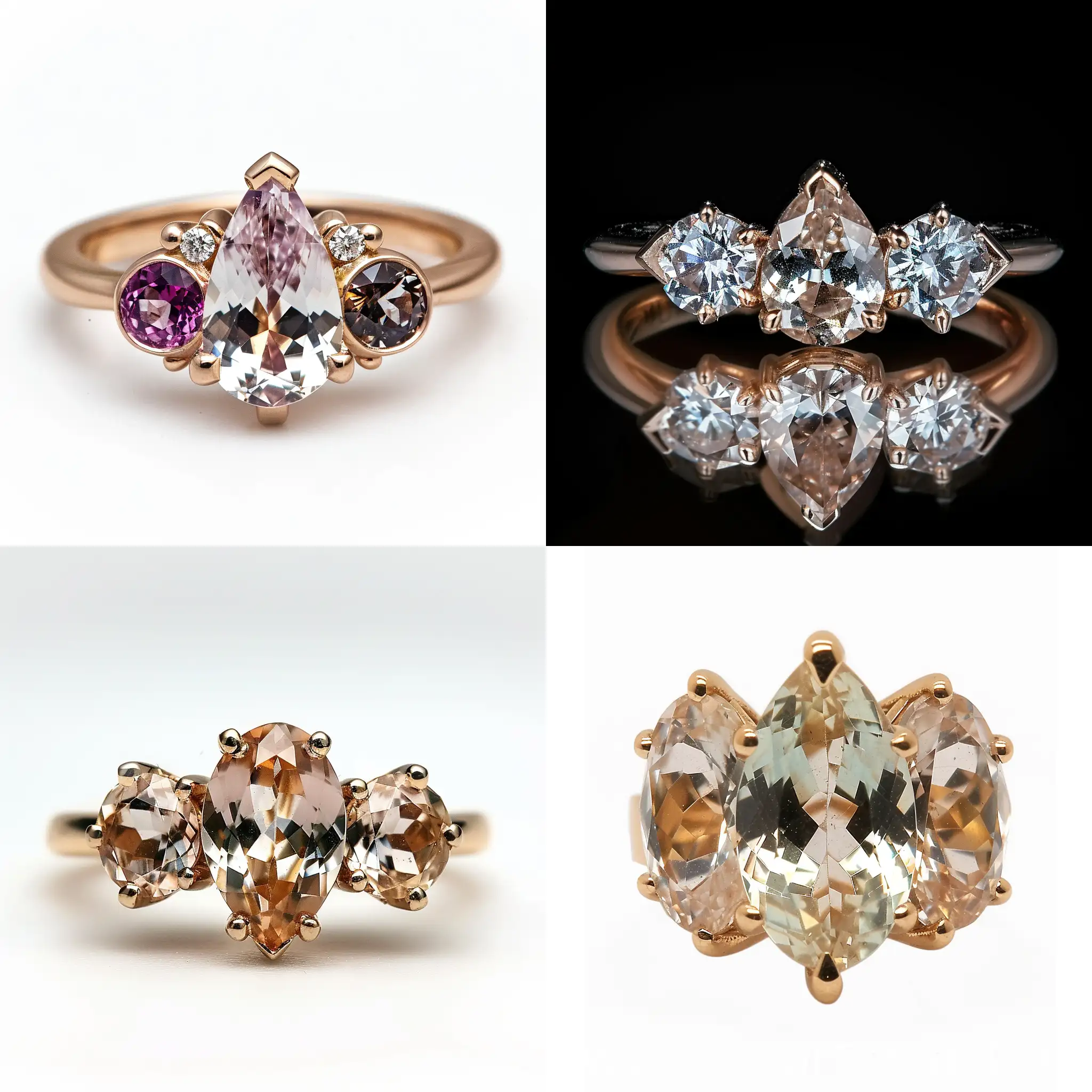 女士戒指，三颗宝石，中间的宝石是梨形刻面宝石，两边的宝石是圆形的，戒指由黄金制成，宝石是钻石